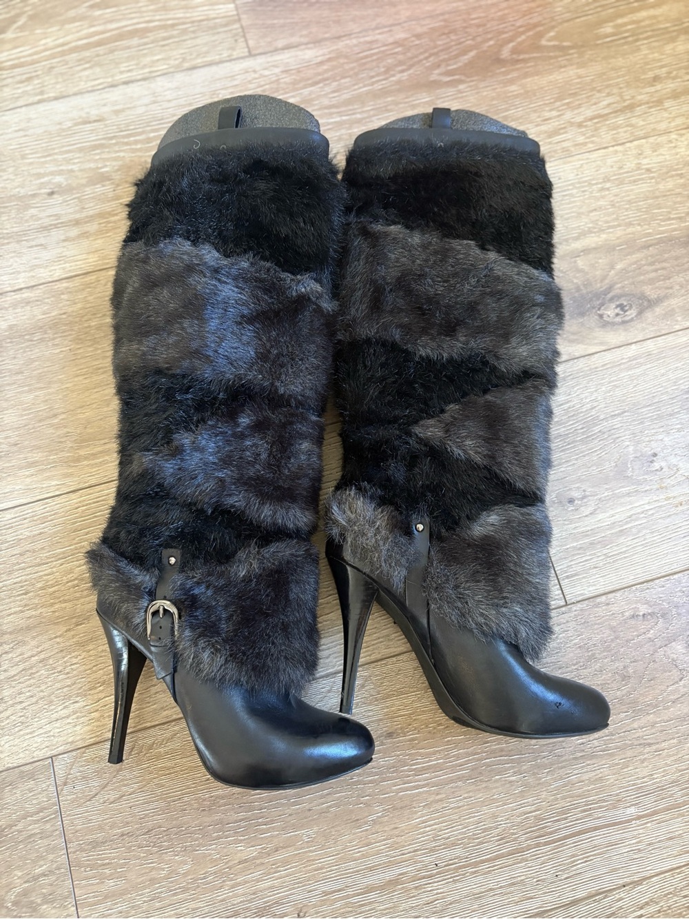 Women's Black Faux Fur High-Heel Knee Boots